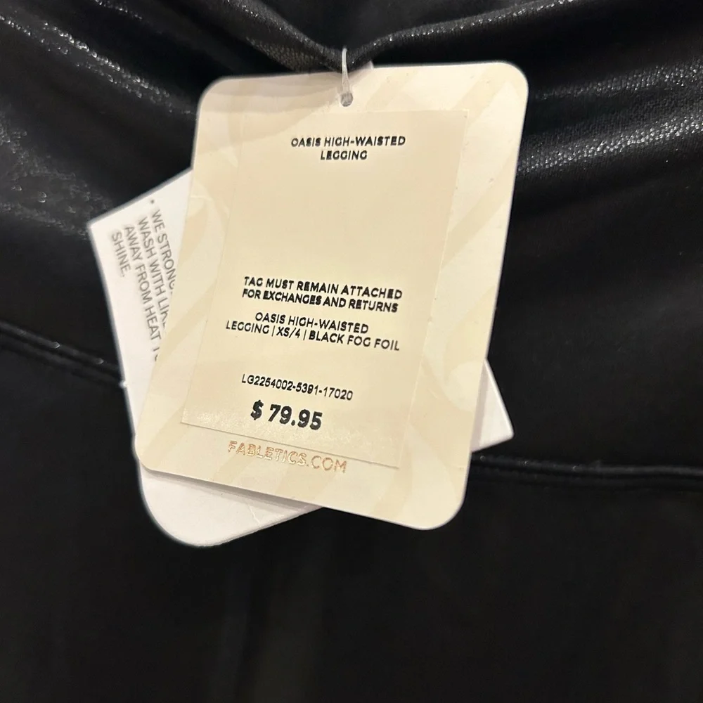 NWT 🍃 Fabletics Black Faux Leather Leggings Shiny Black Fog foil - size XS / 4 - Picture 6 of 12